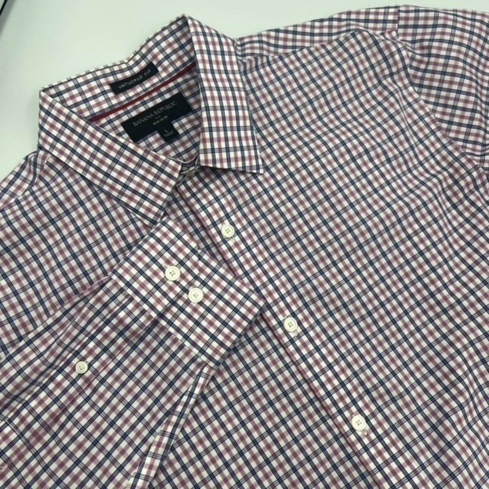 Banana Republic Men's Untucked Fit Non Iron Plaid‎ Check Dress Shirt Size Large